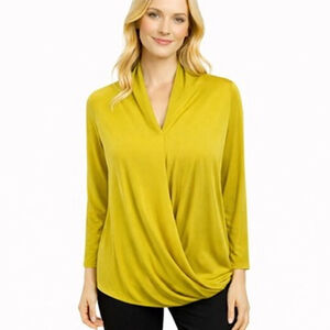 Joseph Ribkoff Chartreuse Draped Front Top V-Neck Stretch Jersey Chic Size 8
